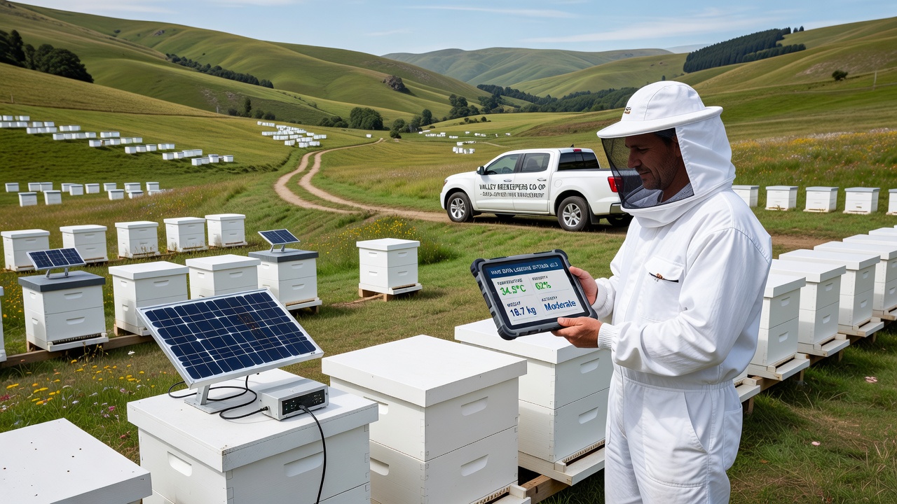 Close-up of data logging device attached to a hive frame with sensor probes
